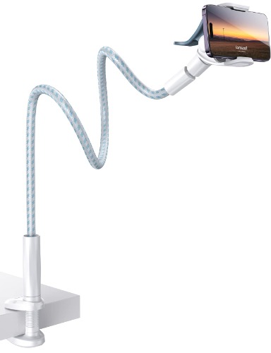 Lamicall Gooseneck Phone Holder Bed - [Newest Nylon Braided] Flexible Arm, Overall Length 38inch, 360 Adjustable Clamp Clip, Overhead Cell Phone Mount Stand for Bed, Desk, White & Blue