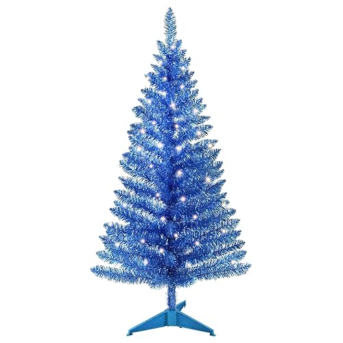 4ft Lighted Artificial Blue Christmas Tree | Leeheeyee Small Xmas Tree, Not Pre-lit Blue Tinsel Pine Trees with Lights, Ideal for Ideal for Home, Office, and Xmas Party Décor - Blue