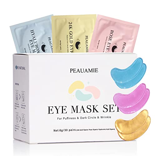 PEAUAMIE Under Eye Patches (30 Pairs) Gold Eye Mask and Hyaluronic Acid Eye Patches for puffy eyes,Rose Eye Masks for Dark Circles and Puffiness under eye treatment skin care products… - White