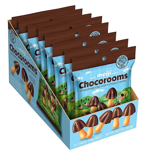 Meiji Chocorooms Crispy Crackers, Milk and Dark Chocolate Combination - 1.34 oz, Pack of 8 - Bite Sized Crackers in Fun Mushroom Shapes