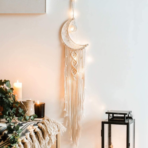 Dremisland Macrame Woven Wall Hanging Moon Dream Catcher- Boho Chic Bohemian Home Decor Wall Art Decor Beautiful Apartment Dorm Room Door Decoration (Moon) - Beige-
