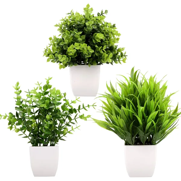Greentime 3Pack Mini Fake Plants in Pots,Artificial Plastic Eucalyptus Plants,Wheat Grass Potted Faux Plants Indoor for Office Desk Coffee Table Bathroom Bedroom Home Decorations