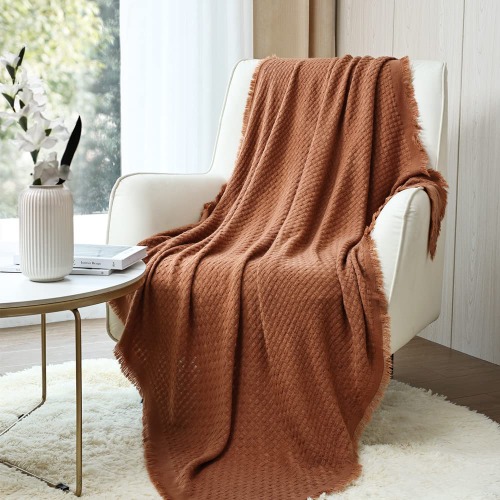 CREVENT Farmhouse Rust Knit Throw Blanket for Couch Sofa Chair Bed Home Decoration, Soft Warm Cozy Light Weight for Spring Summer Fall (127x152cm Caramel/Rust)