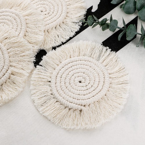 Coasters for Drinks Absorbent Woven Coasters Set Handmade Macrame Coasters With Tassels Coffee Aromatherapy Décor Heat Protection Mat - 4 Pack (Pattern-02)