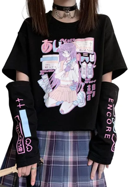YINGKE Womens Long Sleeve Tops Japanese Harajuku Cute Anime Two-sleeve Stitching Top Block Round Neck Loose T-Shirts Fashionable Blouse Sweatshirt