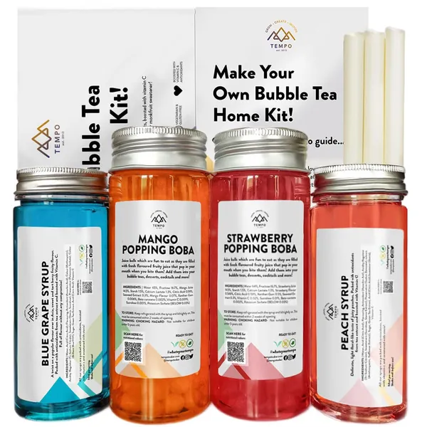 Tempo Blue Grape & Peach Syrup Bubble Fruit Tea Home Kit with Mango & Strawberry Popping Boba, Serves 6, Great for Parties, Birthdays, or a Unique Gift, Vegan, Gluten Free
