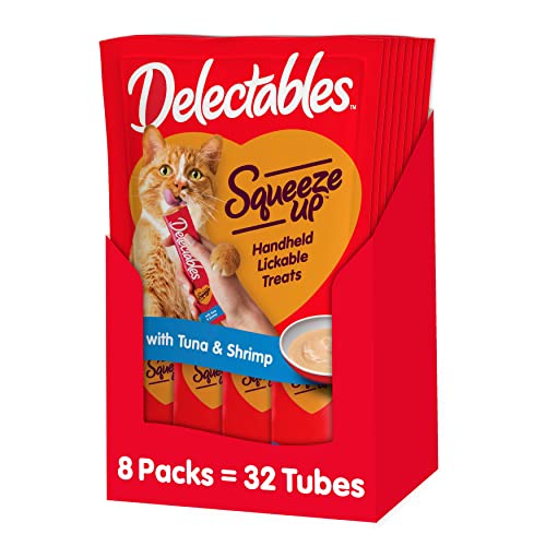 Hartz Delectables Squeeze Up Interactive Lickable Wet Cat Treats for Adult & Senior Cats, Tuna & Shrimp, 32 Count (Packaging May Vary) - Tuna & Shrimp - 32 Count