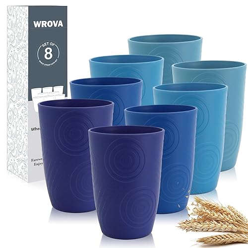 Wrova Wheat Straw Cups 16oz set of 8 - Alternative Plastic Cups Dishwasher Safe - Plastic Drinking Cups Unbreakable for Kids - Ocean Series - 16oz-8pcs - Gradient Blue