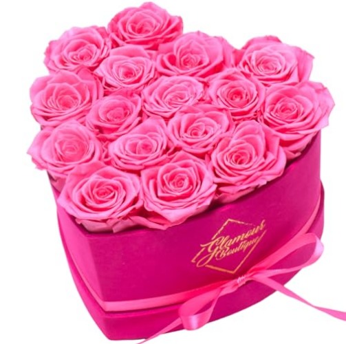 GLAMOUR BOUTIQUE 16-Piece Forever Flowers Heart Shape Box - Preserved Roses, Immortal Roses That Last A Year - Eternal Rose Preserved Flowers for Delivery Mothers Day & Valentines Day - Velvet Pink - 16 Roses - Velvet Pink 16 Roses