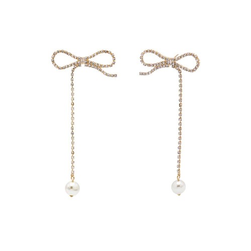 CZ Tennis Pearl Bow Tie Drop Stud Earring - Gold
