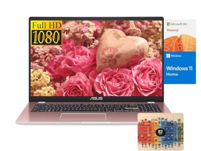 Asus Newest Vivobook 15.6 inch Laptop, Intel N6000 4-Core CPU, 4GB RAM, 128GB eMMC + 256GB SSD, 1-Year Microsoft Office 365, Windows 11 S, Bundled Design Mousepad - 4GB RAM | 256GB SSD - Pink