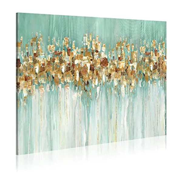 WALLSUP DECOR Abstract Green Art Canvas Wall - Gold Fireworks Modern Picture Sparkle Watercolor Painting Colorful Glitter Patch Artwork for Small Bedroom Bathroom