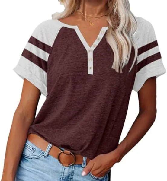Women Henley Summer Tee Color Block Y2K Tops Button Down T-Shirts Raglan Short Sleeves Casual Tunic