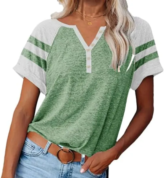 Women Henley Summer Tee Color Block Y2K Tops Button Down T-Shirts Raglan Short Sleeves Casual Tunic
