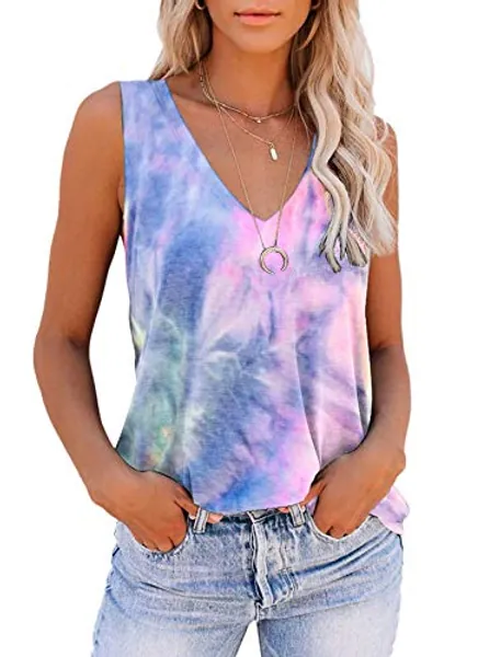 ETCYY Sleeveless Tank Tops for Women Summer Tops V Neck Tie Dye Cute Printed Loose Fit Workout Yoga Shirt