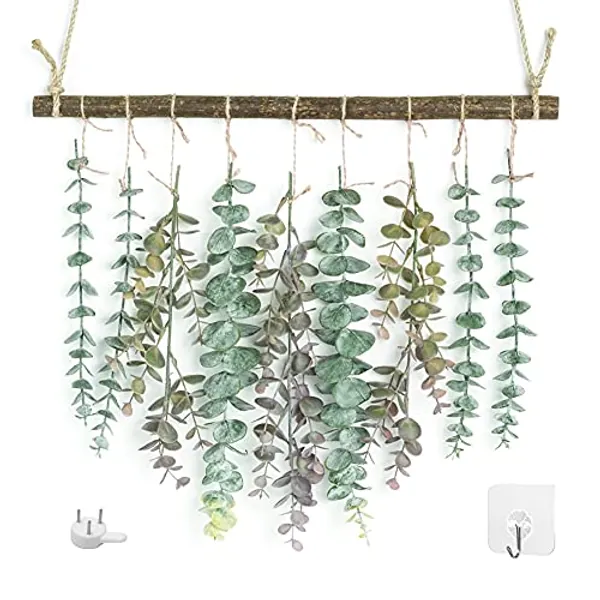 Artificial Eucalyptus Greenery Hanging Wall Decor Vines Plants with Wooden Stick Farmhouse Rustic Boho for Bedroom, Living Room, Entryway and Bathroom