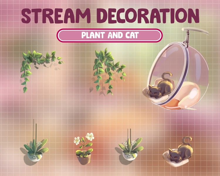 Animated Stream Decoration Flower, Cat / Cute Plant Cozy Theme / Cottagecore / Kawaii Twitch Overlay / Lover Bedroom / Retro Lofi Aesthetic