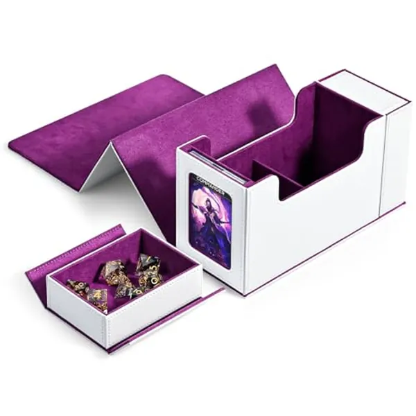 ZLCA MTG Commander Deck Box with Display Window,Card Deck Box with Dice Tray & 35pt Card Brick,Fits 200 Double-Sleeved Cards-White&Purple - White Purple