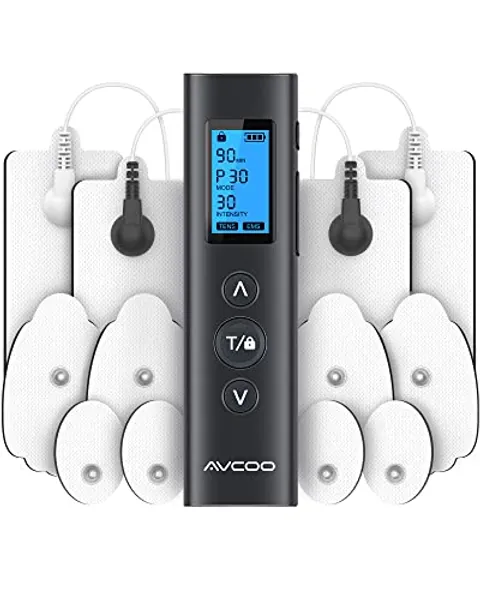 AVCOO 30 Modes TENS EMS Unit Compact Muscle Stimulator for Pain Relief, Rechargeable & Portable Dual Channel EMS Muscle Stimulator with 30 Intensity Levels and 12 Electrode Tens Unit Replacement Pads