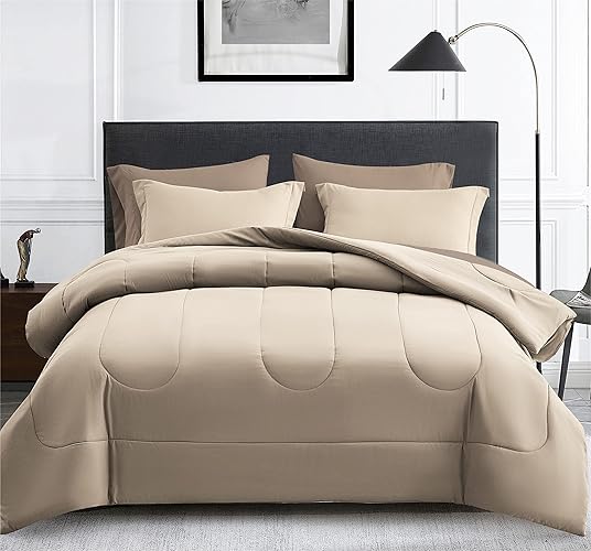 Maple&Stone Full Size Comforter Set 7 Pieces Bed in a Bag - Down Alternative Bed Set with Sheets, Pillowcases & Shams, Soft Reversible Duvet Insert, Beige - Beige - Full