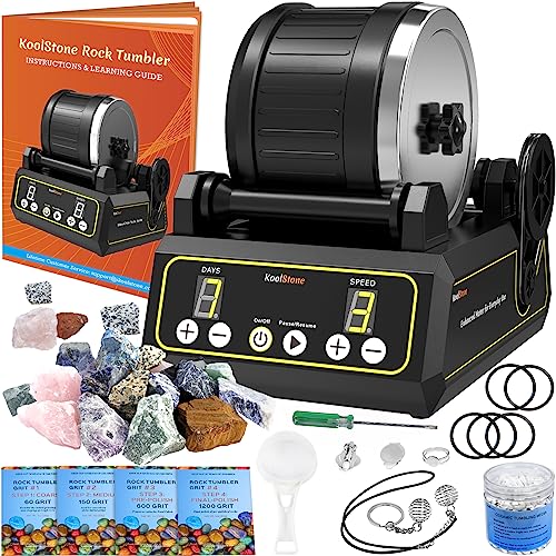 KoolStone Large 2.5LB Professional Rock Tumbler Kit, 3-Speed Motor & 9-Day Timer, Rubber Barrel, Quiet Rotary Stone Polisher with 6 Belts, Rough Gemstones, 4 Polishing Grits, for Adults Kids