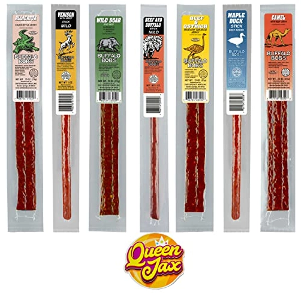 Exotic Jerky – 7 Pack Variety Pack – Buffalo Bob’s Gourmet Wild Game Snack Sticks and Jerky – With Queen Jax Refrigerator Magnet – Alligator, Venison, Wild Boar, Buffalo, Ostrich, Duck & Camel – Great Gift! High Protein Snack