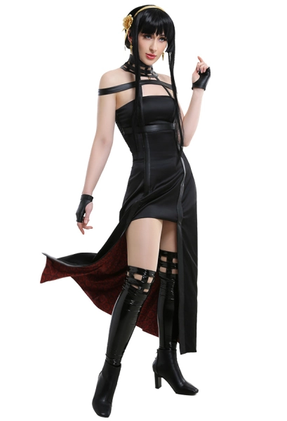 Spy House Thorn Princess Yor Killer Assassin Gothic Halter Black Dress Outfit Cosplay Costume with Leather Stockings