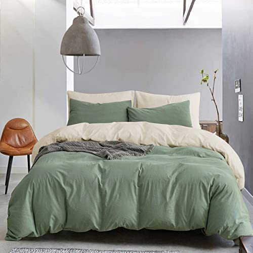 Lanqinglv Double Duvet Cover Set Sage Green and Apricot Reversible Bedding Set Microfiber Quilt Cover 200x200cm with Zipper Closure and 2 Pillowcases 50x75cm - Double - Sage Green and Apricot