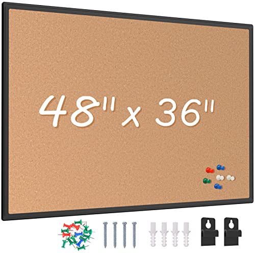 Board2by Cork Board Bulletin Board 48 x 36, Black Aluminium Framed 4x3 Corkboard, Office Board for Wall Cork, Large Wall Mounted Notice Pin Board with 18 Push Pins for School, Home & Office - 36" x 48"