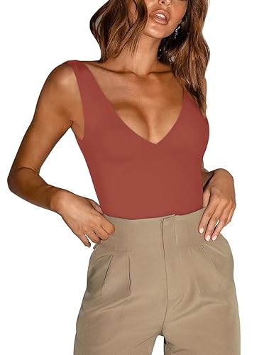 REORIA Butsmooth® Women’s Trendy Sexy Plunge Deep V Neck Sleeveless V Backless Going Out Tank Bodysuits Tops - Large - Rusty Red
