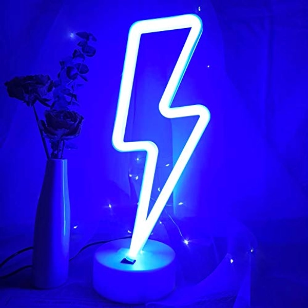 VIFULIN Lightning Bolt Neon Signs Lightning Neon Sign with Base for Bedroom LED Lighting for Room Decor for Teen Girls Gifts for Teenager Boys USB/Battery Cool Gaming Light with Holder(Blue)