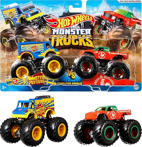 Hot Wheels Monster Trucks Toy Trucks 2-Pack, Demolition Doubles Set of 2 Vehicles in 1:64 Scale, for Kids & Collectors (Styles May Vary) - 2-Pack Demolition