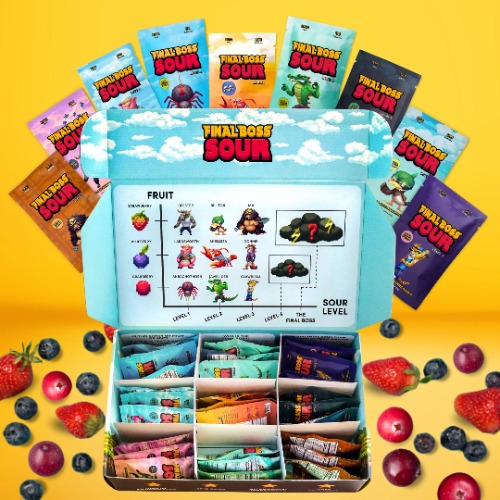Final Boss VIP Sampler Pack - Sour Candy - 18 Pouches of Sour Strawberries, Blueberries, and Cranberries - 3 Level Sour Challenge - (9-Pack)
