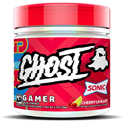 GHOST Gamer: Energy and Focus Support Formula - 40 Servings, Sonic Cherry Limeade - Nootropics & Natural Caffeine for Attention, Accuracy & Reaction Time - Vegan, Gluten-Free - SONIC Cherry Limeade