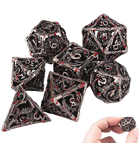 DND Dice,Hollow D&D Metal Dice,Dungeons and Dragons Dice Set with Gift Box,7 PCs Steampunk Polyhedral Dice Games Set for RPG,MTG,Pathfinder,Blood Spattered D and D Dice Set D20 D12 D10 D8 D6 D4 D% - Dragon Blood Spattered