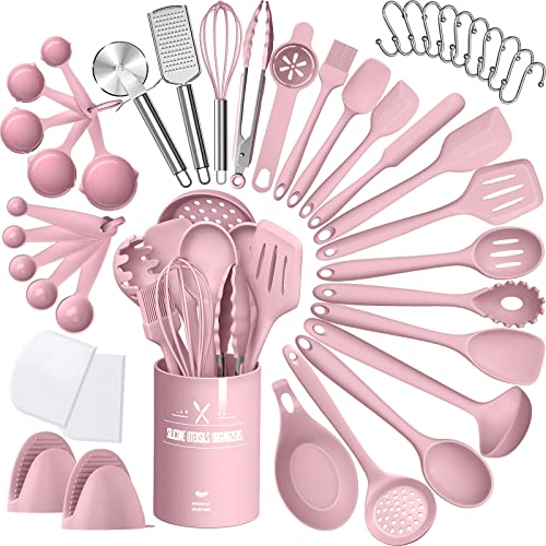 Silicone Cooking Kitchen Utensil Set, AIKKIL 43 Pcs Pink Cooking Utensils Set, Turner, Tongs, Spoon, Spatula, Kitchen Gadgets Tools Set For Nonstick Cookware, Heat Resistant (Dishwasher, BPA Free) - Pink