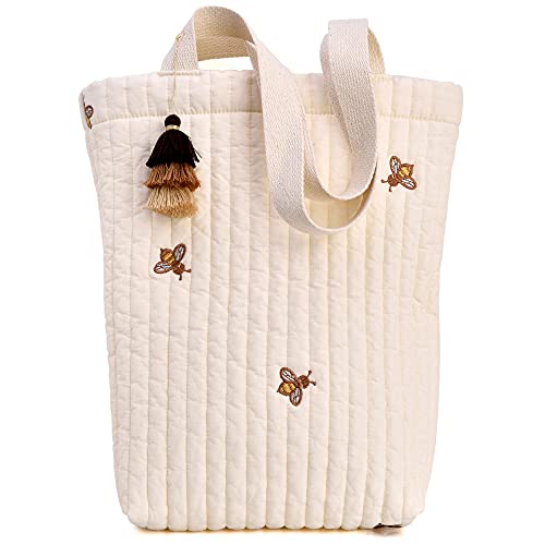 OkidsMall Teachers Book Cloth Tote Bag Quilted Cotton Fabric Cute Diaper Reusable Grocery Handbag Shoulder Small Bee with Tassle