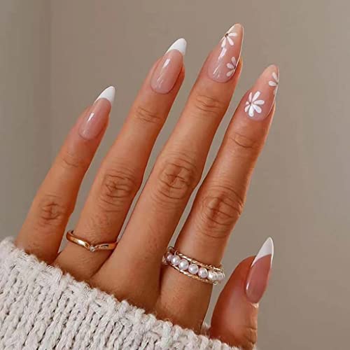 RikView French Tip Press on Nails Medium Fake Nails White Press on Nails with Flowers Design Almond Acrylic Nails - White Flowers Design