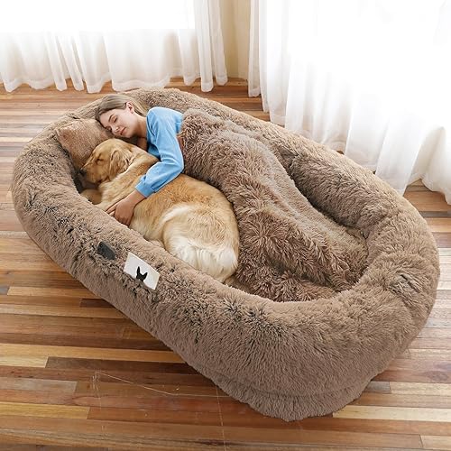 Human Dog Bed, Large Dog Beds for Humans Size Fits You and Pets, Washable Faux Fur Orthopedic Human Dog Bed for People Doze Off, Napping, Present Pillow, Blanket, Strap - Khaki - 71.0"L x 45.0"W x 12.0"Th - Khaki