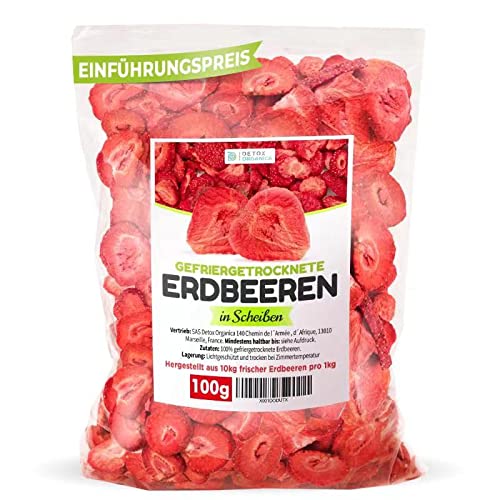 GEFRIERGETROCKNETE ERDBEEREN, 100g Früchte in Scheiben, 100% Trockenfrüchte - natürlich und ohne Zusatz von Zucker oder Zusatzstoffen, Höchste Qualität von Detox Organica - 100 g (1er Pack)