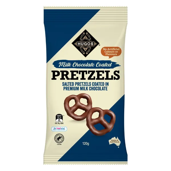 HUGOS Milk Chocolate Salted Pretzels 120g. Chocolates, snacks, treats & sweets are without compromise or comparison. Indulgent favourites for the perfect pretzel snack or chocolate gift - 120 g (Pack of 1) $4.10 ($3.42 / 100 g)