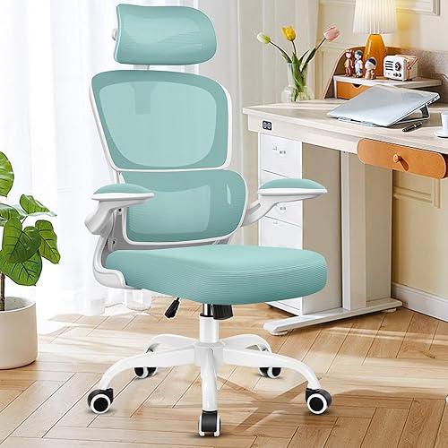 Razzor Ergonomic Office Chair, High Back Mesh Desk Chair with Lumbar Support and Adjustable Headrest, Computer Gaming Chair with Flip-up Armrests, Executive Swivel Chair for Home Office (MintGreen) - Mintgreen - 2202H