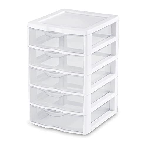 Sterilite Small 5 Drawer Desktop Storage Unit, Tabletop Organizer for Desk, Countertop at Home, Office, Bathroom, White with Clear Drawers, 4-Pack - Small 5 Drawer - 4