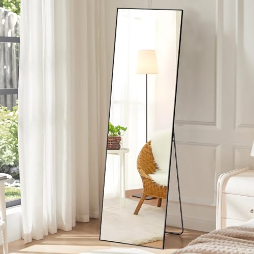 DUMOS Full Length Mirror with Stand, 59''×16'' Floor Mirror with Aluminum Alloy Frame for Bedroom, Standing Full Body Mirror with Shatter-Proof Glass for Wall, Living Room, Cloakroom, Rect-Black, - Rect-black - 59"x16"