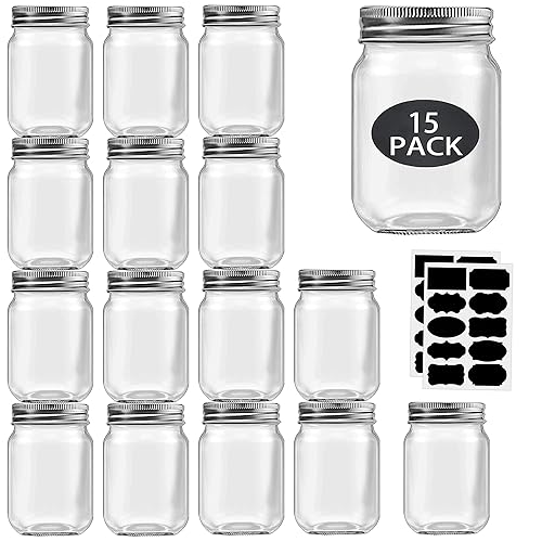 16 oz Mason Jars With Lids Regular Mouth 15 Pack-16 oz Glass Jars with Lids,Bulk Pint Clear Glass Jars For Meal Prep, Food Storage With 20 Labels (Silver Lids) - Silver