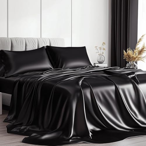 LuxClub Satin Sheets - Soft Satin Sheets Queen Size, 6 Pcs Luxury Silky Sheets, Similar to Silk Sheets, Black Satin Sheets Queen Size for Hair and Skin, Gifts for Women-Black Queen - Black - Queen-Satin Sheet