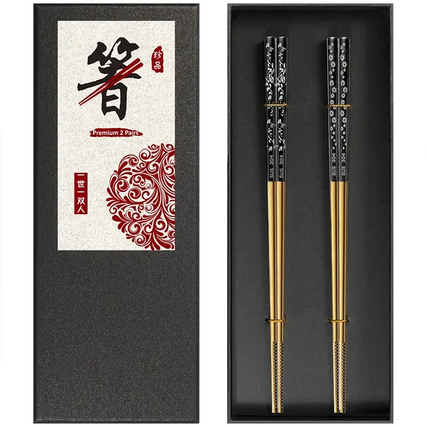 Metal Chopsticks Reusable Titanium Plated Stainless Steel Japanese Korean Chopsticks, Non-Slip Dishwasher Safe Chop Sticks Laser Engraved Vine Floral Combo 2 Pairs Gift Set (Black Gold)