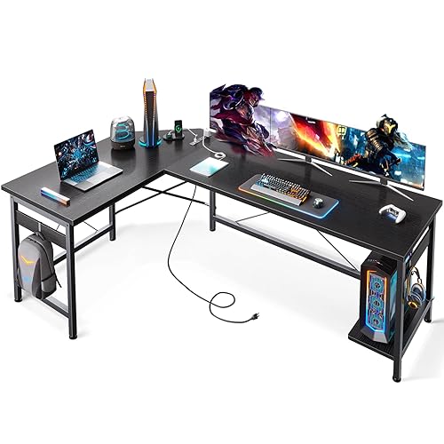 Coleshome 66" L Shaped Gaming Desk with Outlet, L Shaped Desk with CPU Stand, Corner Computer Desk, Home Office Desk, Writing Desk, Black - Black - 66 inch with Power Outlet