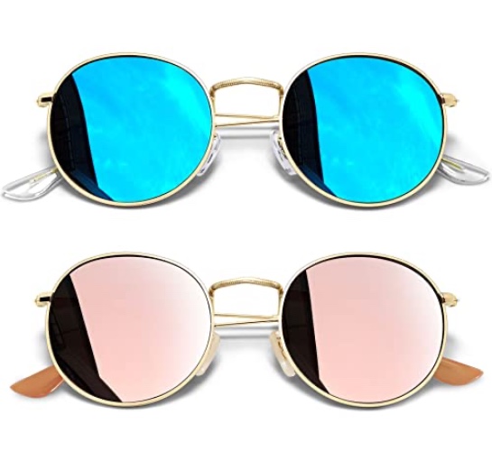 Joopin Vintage Round Sunglasses for Women Retro Brand Polarized Sun Glasses E3447 - A11- Gold Pink + Gold Blue - as the pictures