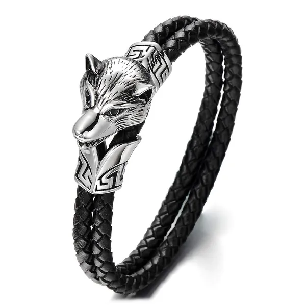 COOLSTEELANDBEYOND Stainless Steel Mens Wolf Head Bracelet with Black Genuine Braided Leather